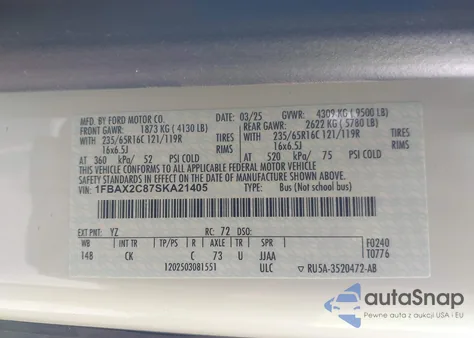 2025 Ford Transit-350 Passenger Van Xlt from USA, damaged, VIN 1FBAX2C87SKA21405